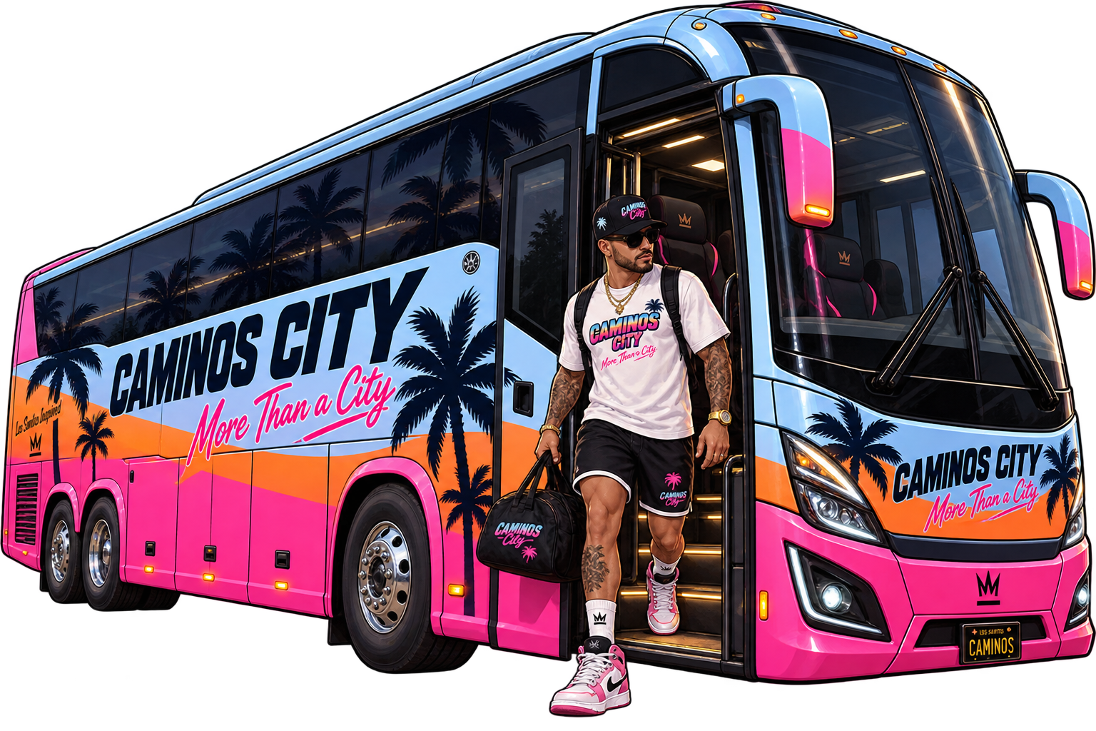 Caminos City Reisebus und ankommender Spieler